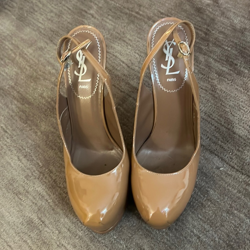 Yves Saint Laurent YSL camel patent sling back pumps rarely worn size 38.5